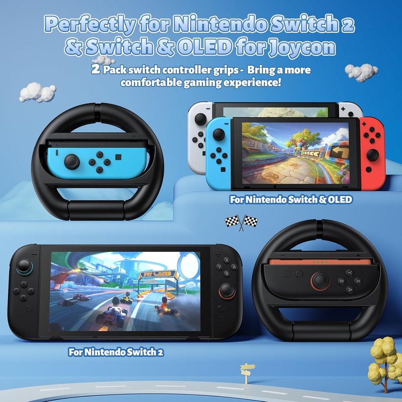 FASTSNAIL [Switch 1/2 Compatible] Steering Wheels for Nintendo Switch 2/1/OLED for Joy-Con 2, Racing Wheels for Mario Kart World/8 Deluxe Gaming, Universal Joypad Wheels 2 Pack (Black,Black) - Image 2